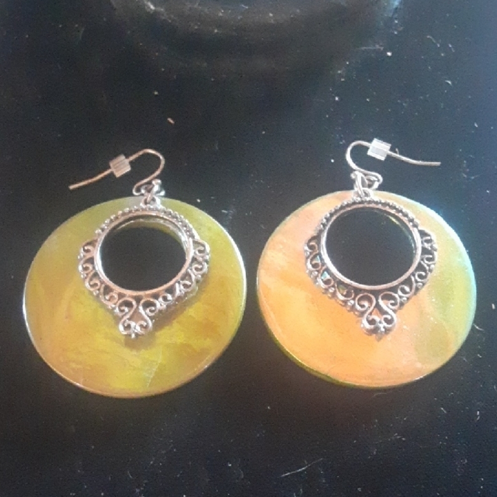 Iridescent Gold and Silver Green  Earrings with Ornate Design